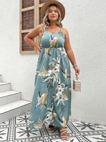 SHEIN VCAY Plus Tropical Print Cami Dress - Mint Green - View 6