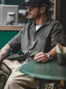 Hombres Camisa unicolor con parche de bolsillo - Gris - Ver 4