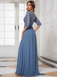 EVERPRETTY 对比色亮片紧身胸衣雪纺舞会晚礼服优雅正式婚礼宾客礼服，适合毕业典礼、晚宴派对礼服 - 霧霾藍 - 查看 2