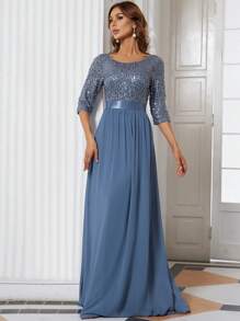 EVERPRETTY 对比色亮片紧身胸衣雪纺舞会晚礼服优雅正式婚礼宾客礼服，适合毕业典礼、晚宴派对礼服 - 霧霾藍 - 查看 4