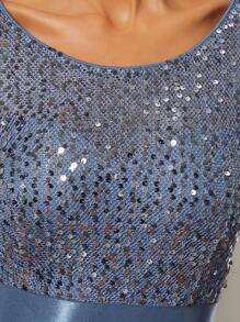 EVERPRETTY 对比色亮片紧身胸衣雪纺舞会晚礼服优雅正式婚礼宾客礼服，适合毕业典礼、晚宴派对礼服 - 霧霾藍 - 查看 5