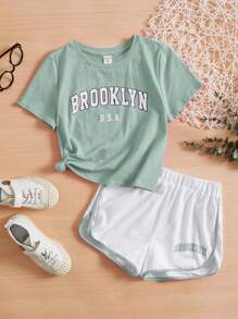 SHEIN Tween Girl Letter Graphic Tee & Contrast Binding Shorts - Mint Green - View 1