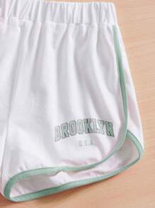SHEIN Tween Girl Letter Graphic Tee & Contrast Binding Shorts - Mint Green - View 3