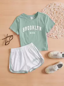 SHEIN Tween Girl Letter Graphic Tee & Contrast Binding Shorts - Mint Green - View 4