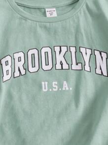 SHEIN Tween Girl Letter Graphic Tee & Contrast Binding Shorts - Mint Green - View 5