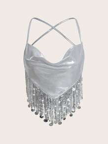 SHEIN ICON Top na ramiączkach Western Kowbojka Drapowany kołnierz Frędzle - Srebro - Zobacz 1