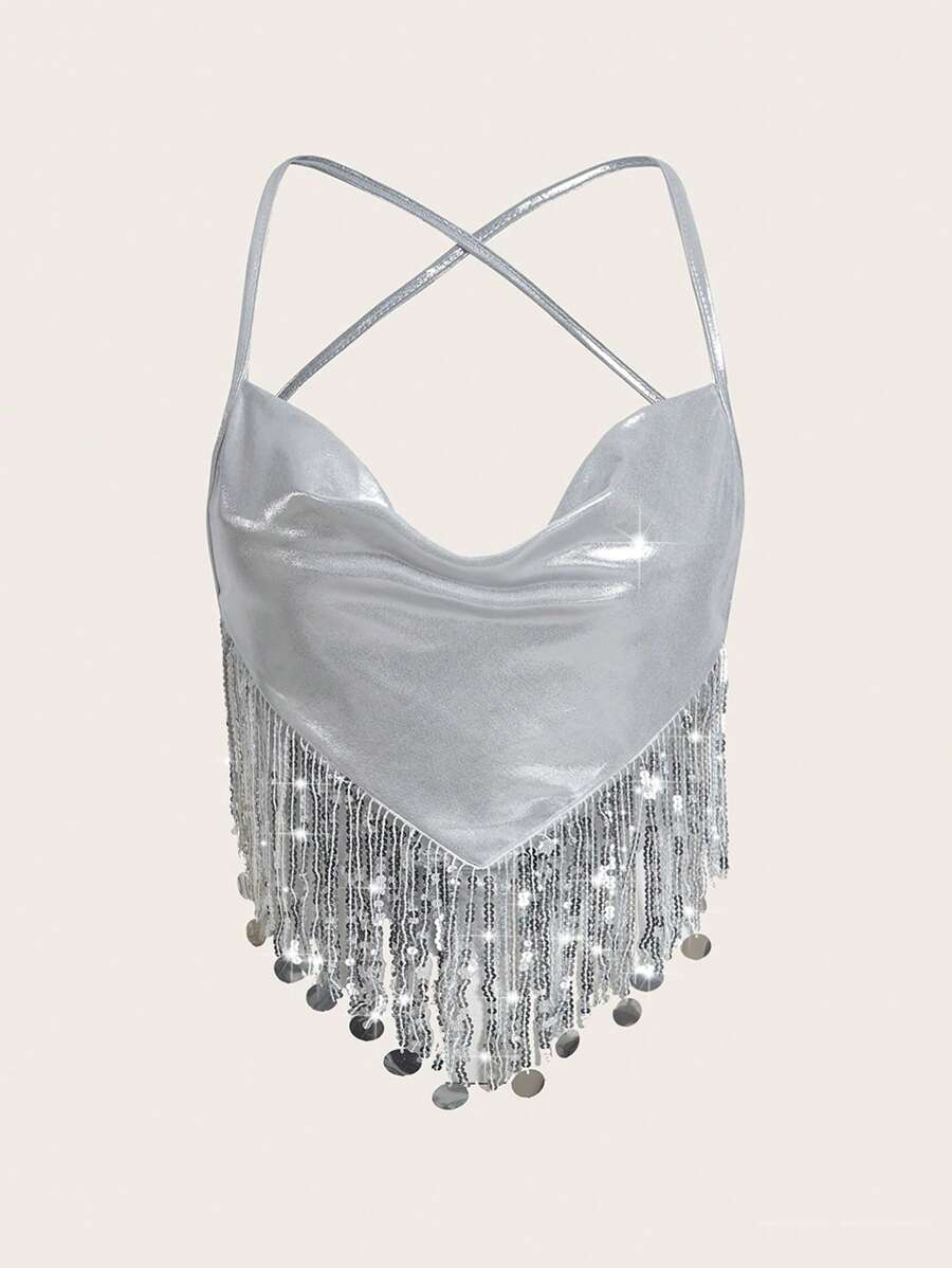 SHEIN ICON Top na ramiączkach Western Kowbojka Drapowany kołnierz Frędzle - Srebro - Zobacz 1