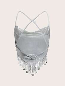 SHEIN ICON Top na ramiączkach Western Kowbojka Drapowany kołnierz Frędzle - Srebro - Zobacz 4