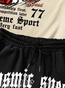 ROMWE MEN Street Life Spring/Summer Casual Graphic Men Car & Letter Graphic Tee & Drawstring Waist Shorts - Multicolor - View 7