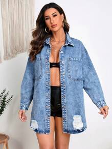 SHEIN Essnce 破洞口袋貼布牛仔外套 - 淺色水洗藍 - 查看 6