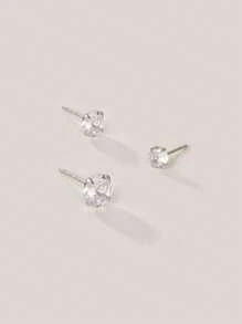 3入組/套方晶鋯石裝飾耳釘 - 銀色 - 查看 3