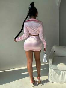 Solid Tie Front Satin Top & Bodycon Skirt - Baby Pink - View 2