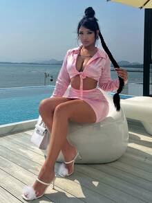 Solid Tie Front Satin Top & Bodycon Skirt - Baby Pink - View 5