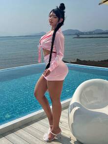 Solid Tie Front Satin Top & Bodycon Skirt - Baby Pink - View 6