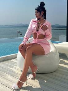 Solid Tie Front Satin Top & Bodycon Skirt - Baby Pink - View 7