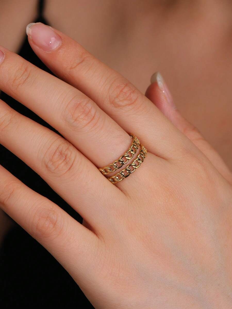 鏤空鏈條設計開口戒指 - 金色 - 查看 1