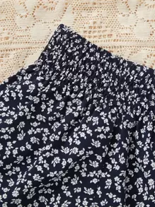 SHEIN 女孩碎花紙袋腰短褲 - 藏蓝色 - 查看 3