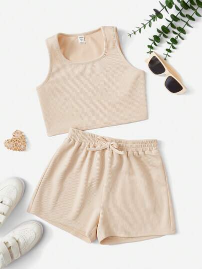 SHEIN Tween女孩實色背心上衣＆打結前短褲