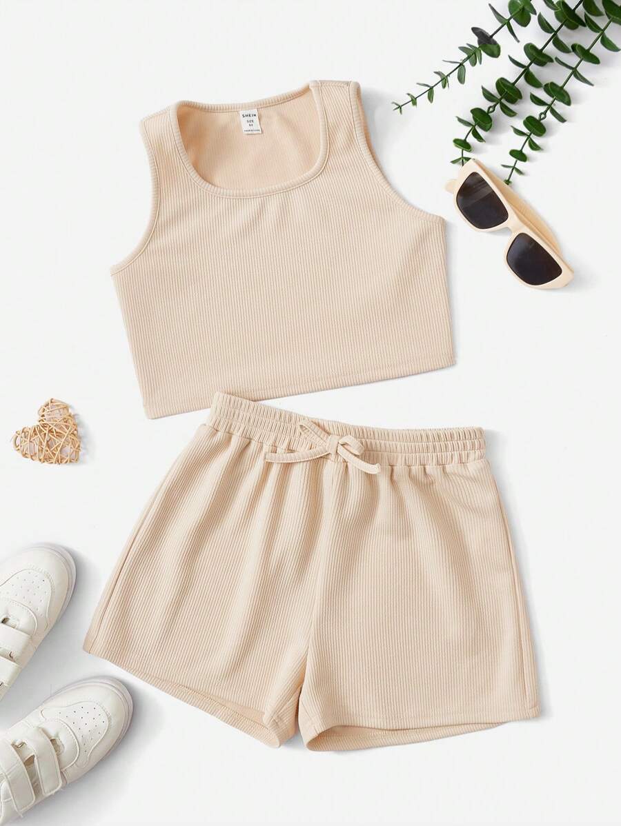 SHEIN Tween女孩實色背心上衣＆打結前短褲