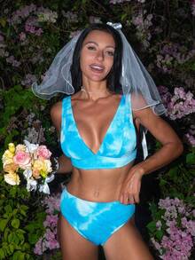 Tie Dye High Waisted Summer Beach Bikini Set - Blue and White - View 6