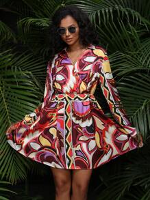 Mulvari Allover Print Surplice Neck Dress - Multicolor - View 3