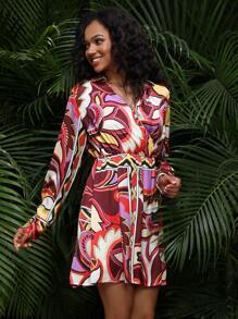 Mulvari Allover Print Surplice Neck Dress - Multicolor - View 5