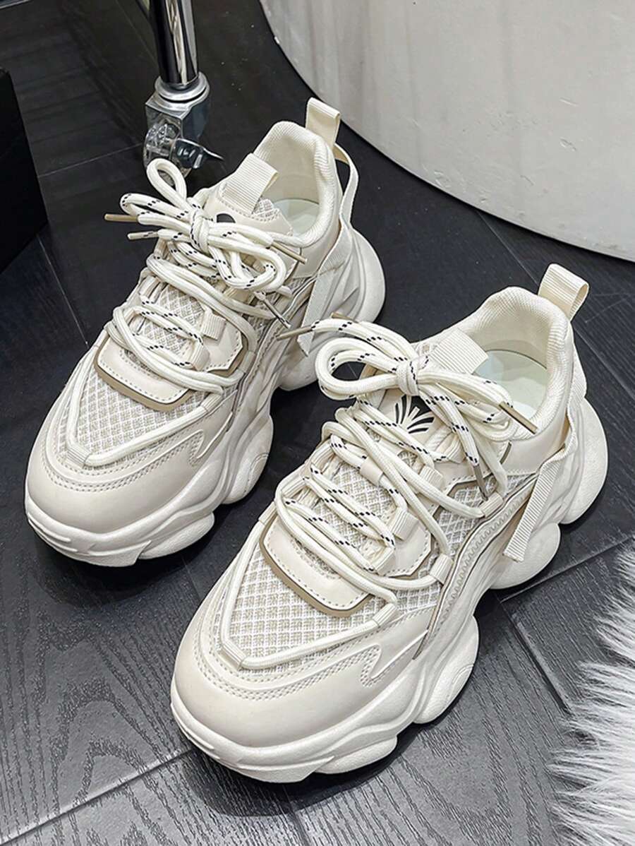 Women Colorblock Patch Decor Sneakers, Round Toe Lace-up Front Chunky Sneakers - Beige - View 1