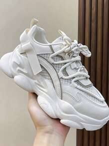 Women Colorblock Patch Decor Sneakers, Round Toe Lace-up Front Chunky Sneakers - Beige - View 3