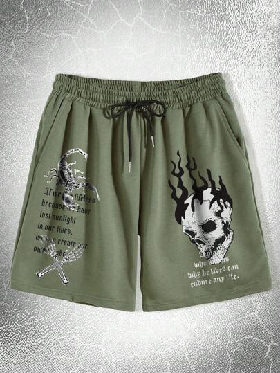Goth Guys Skull & Slogan Graphic Drawstring Waist Shorts