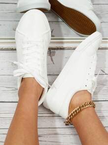 Lace-up Front Skate Shoes, White Athletic Sneakers With Solid Color Laces For Women's Casual Sporting