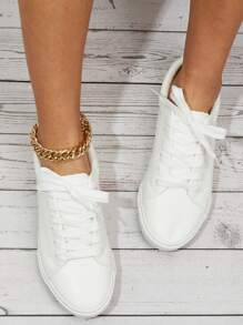 Lace-up Front Skate Shoes, White Athletic Sneakers With Solid Color Laces For Women's Casual Sporting