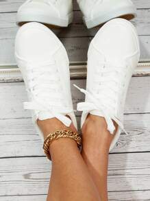 Lace-up Front Skate Shoes, White Athletic Sneakers With Solid Color Laces For Women's Casual Sporting