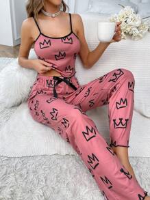 Graphic Print Contrast Binding Cami Top & Trousers - Pink - View 1