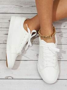 Lace-up Front Skate Shoes, White Athletic Sneakers With Solid Color Laces For Women's Casual Sporting