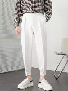 Men Slant Pocket Fold Pleated Tailored Trousers - White - View 7