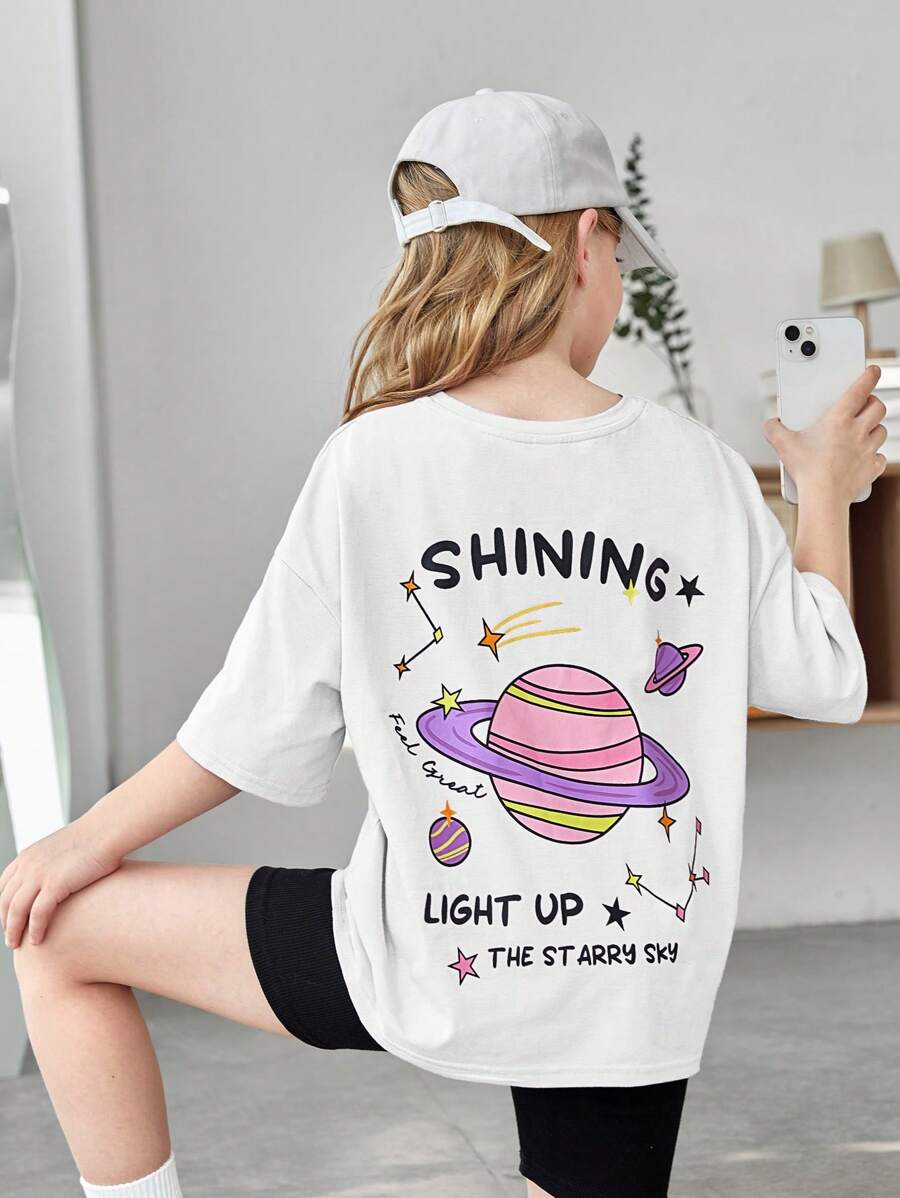 SHEIN 女孩標語和星球印花落肩T恤 - 白色 - 查看 1