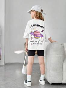 SHEIN 女孩標語和星球印花落肩T恤 - 白色 - 查看 3