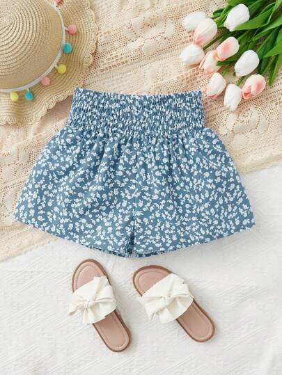SHEIN Tween Girl 荷叶边碎花束带短裤（夏季）