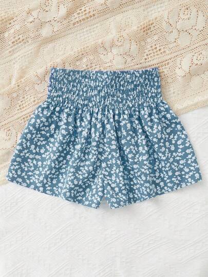 SHEIN Quần short eo co giãn họa tiết hoa giản dị mùa hè cho cô gái Tween
