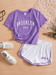 SHEIN Bộ hai mảnh Gái Tương phản ràng buộc Lá thư Giải trí - Màu tím  Violet - Xem 1