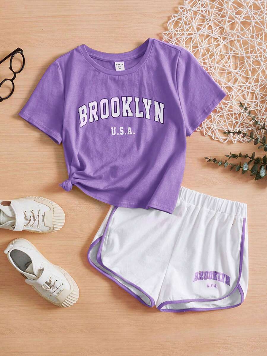 SHEIN Bộ hai mảnh Gái Tương phản ràng buộc Lá thư Giải trí - Màu tím  Violet - Xem 1