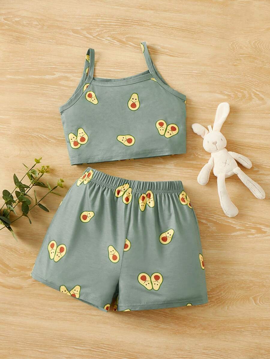 SHEIN 女孩卡通圖案吊帶背心和短褲睡衣套裝