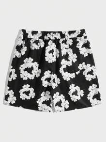 ROMWE MEN Street Life Men Floral Print Drawstring Waist Shorts, School - Black - View 2