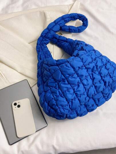 Oversized Ruched Bag Quilted Pattern Blue , Blue
