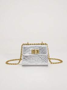 Girls Crocodile Embossed Square Bag Twist Lock Flap Chain Metallic PU Funky