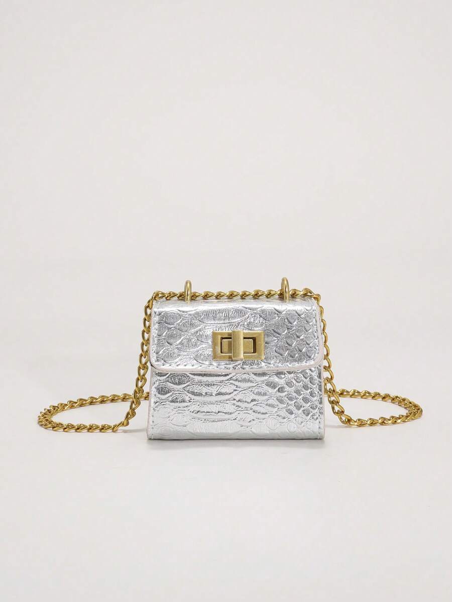 Girls Crocodile Embossed Square Bag Twist Lock Flap Chain Metallic PU Funky