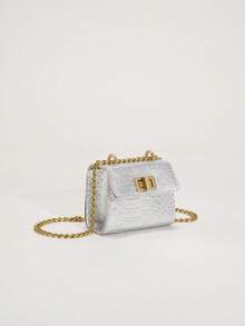 Girls Crocodile Embossed Square Bag Twist Lock Flap Chain Metallic PU Funky