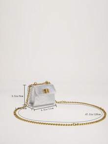 Girls Crocodile Embossed Square Bag Twist Lock Flap Chain Metallic PU Funky