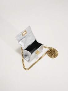 Girls Crocodile Embossed Square Bag Twist Lock Flap Chain Metallic PU Funky