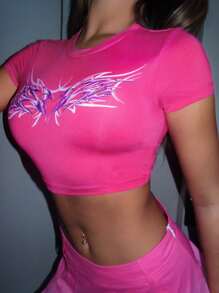 SHEIN ICON Heart Print Crop Tee - Pink - View 2